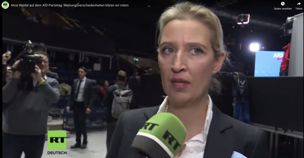 Alice Weidel behauptet im RT Interview Meinungsverschiedenheiten werden hinter verschlossenen Türen geklärt.